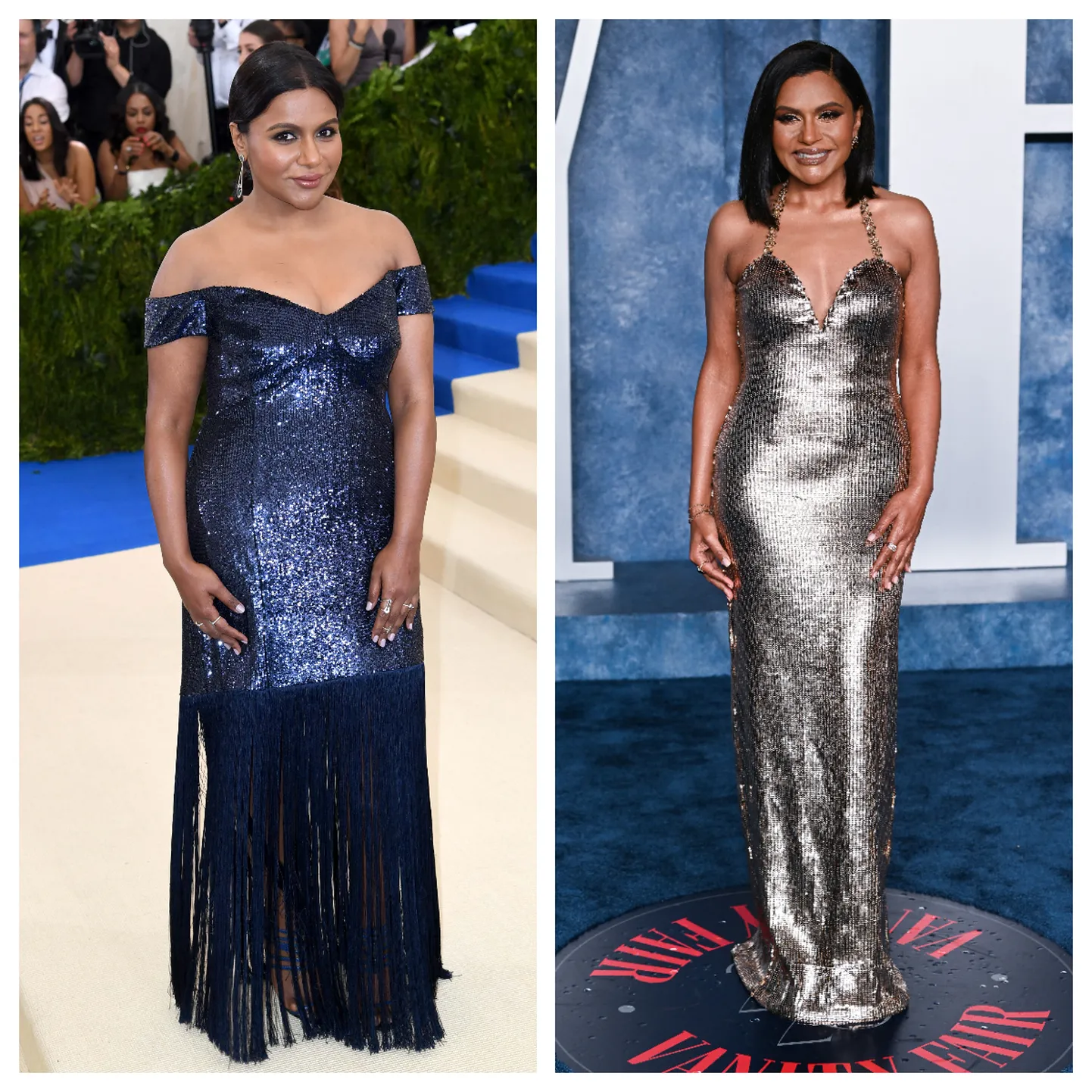 Mindy Kaling vasakul tänavu märtsis, paremal 2017. aastal.