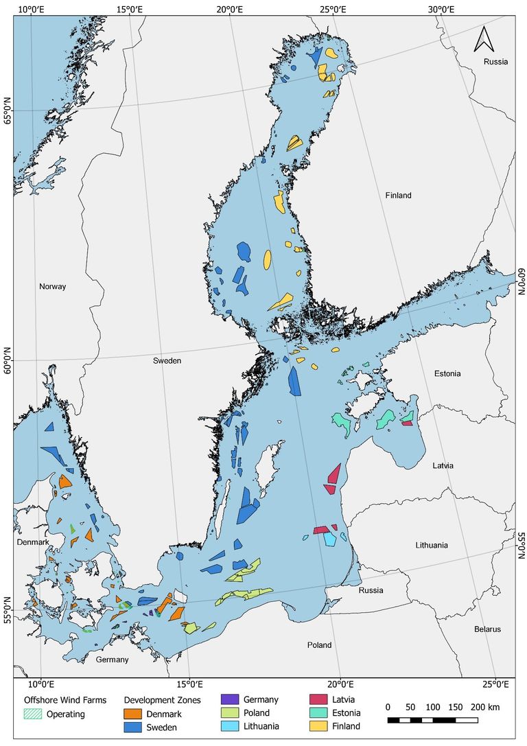 Läänemerel töötavad (viirutatud) ja planeeritavad tuulepargid.