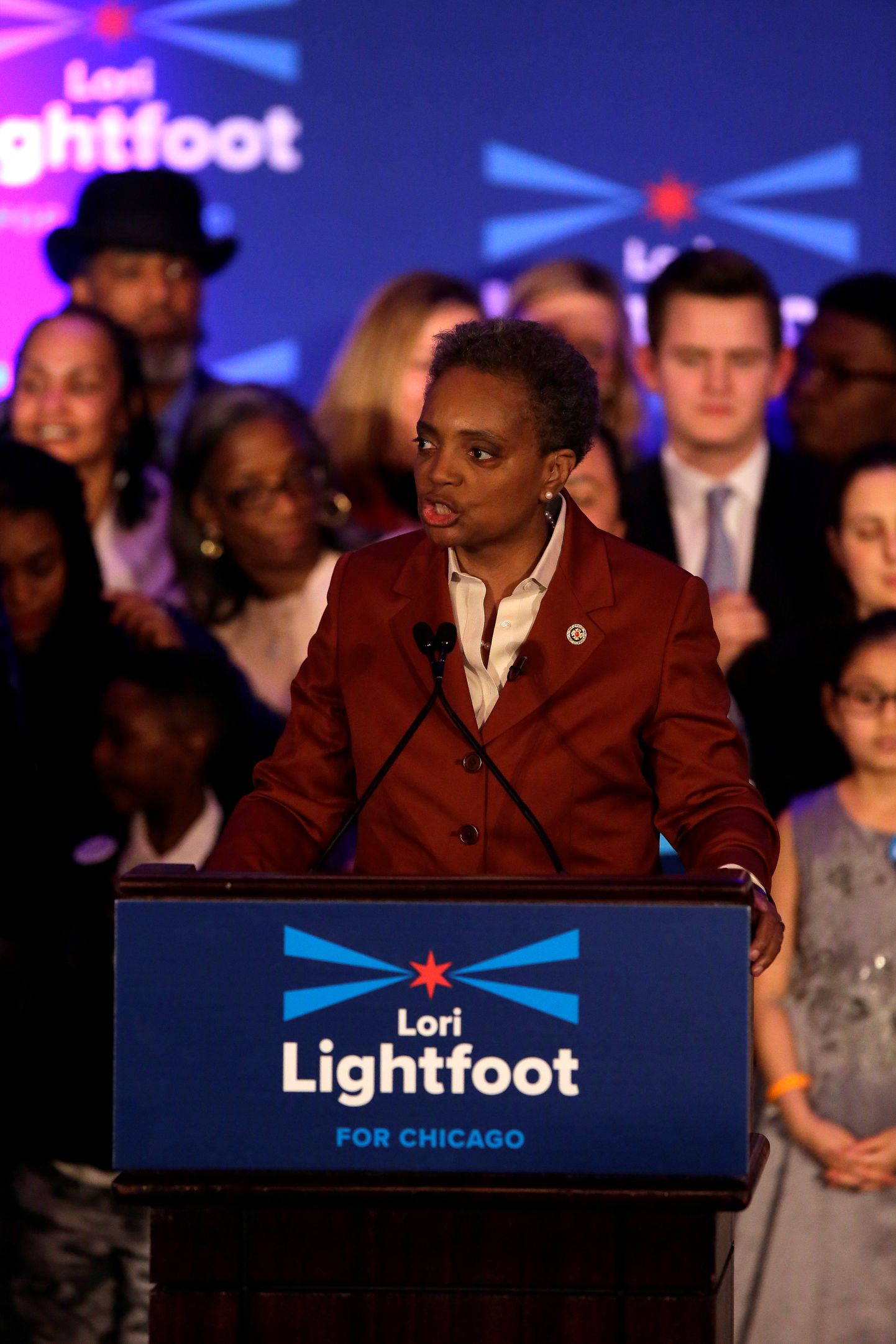 USA suurlinna Chicago linnapeaks valitud Lori Lightfoot teisipäeva hilisõhtul oma toetajatele kõnet pidamas.