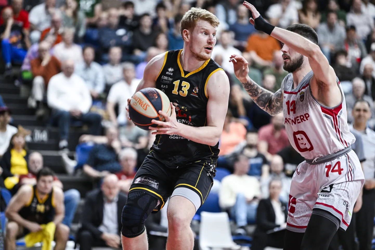 Matthias Tass (palliga) Belgia korvpalliliiga finaalis Antwerpeni vastu.