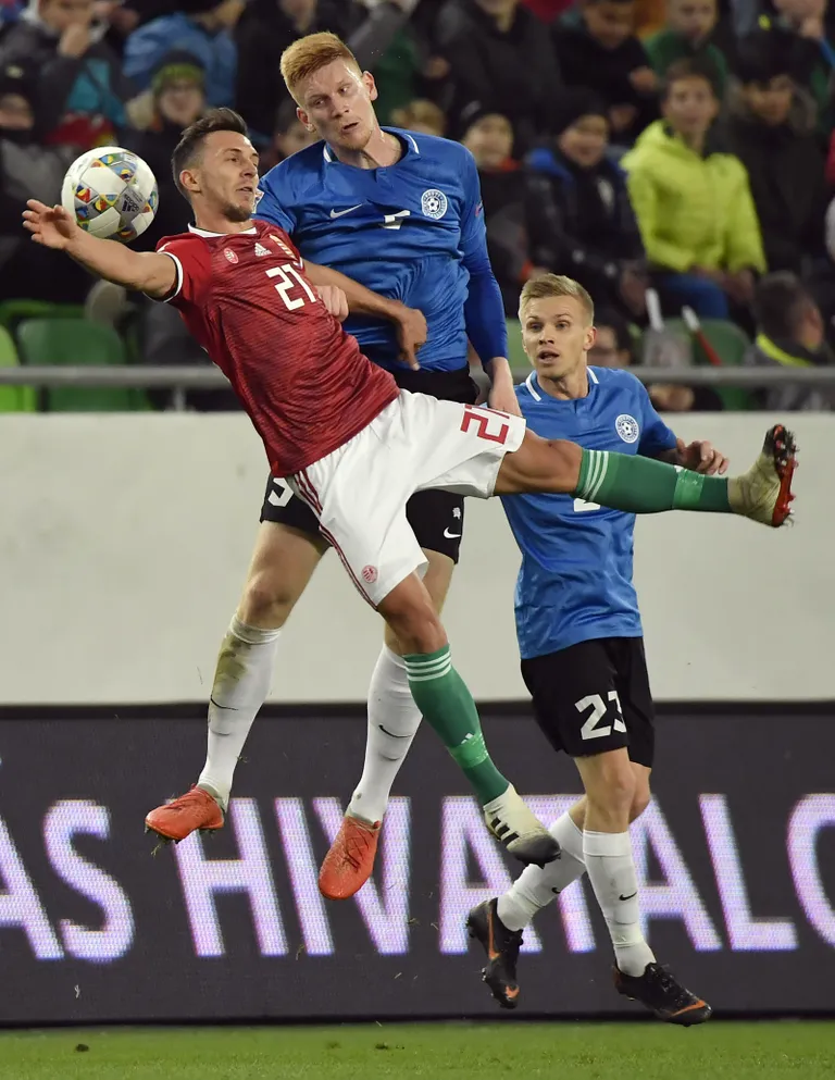 Ungari - Eesti Rahvuste liiga mäng, pildil Dominik Nagy, Madis Vihmann ja Taijo Teniste.