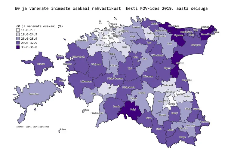 60-aaastaste ja vanemate osakaal kohalikes omavalitsustes.