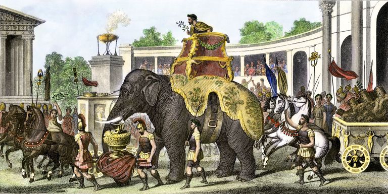 19. ajandi joonistus, millel on kujutatud võidukat Kartaago väejuhti Hannibali koos trofeede ja roomalastest vangidega Kartaagos.