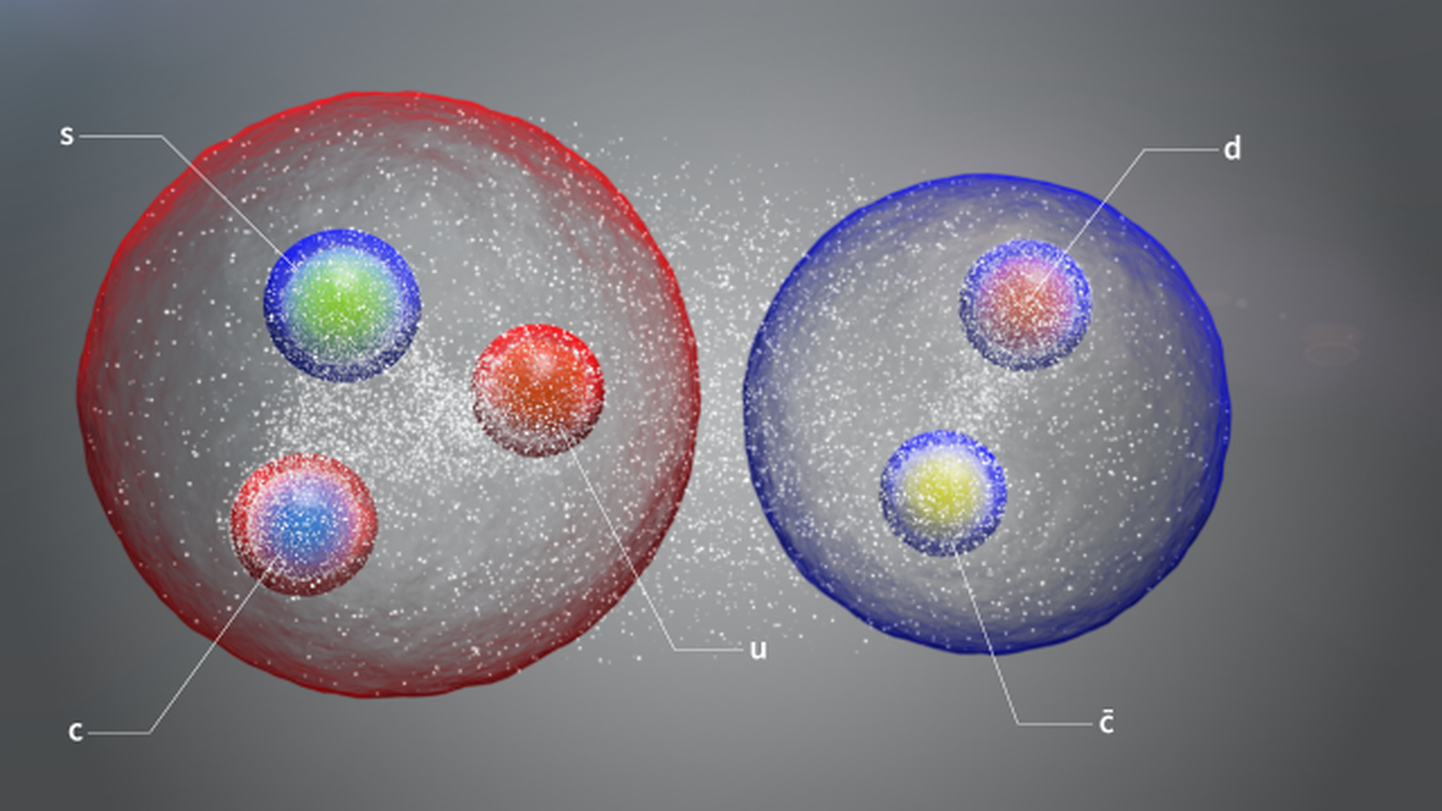 Uus pentakvark. Pildil illustreeritud molekulilaadses struktuuris lõdvalt seotud standardsete hadronite paarina.