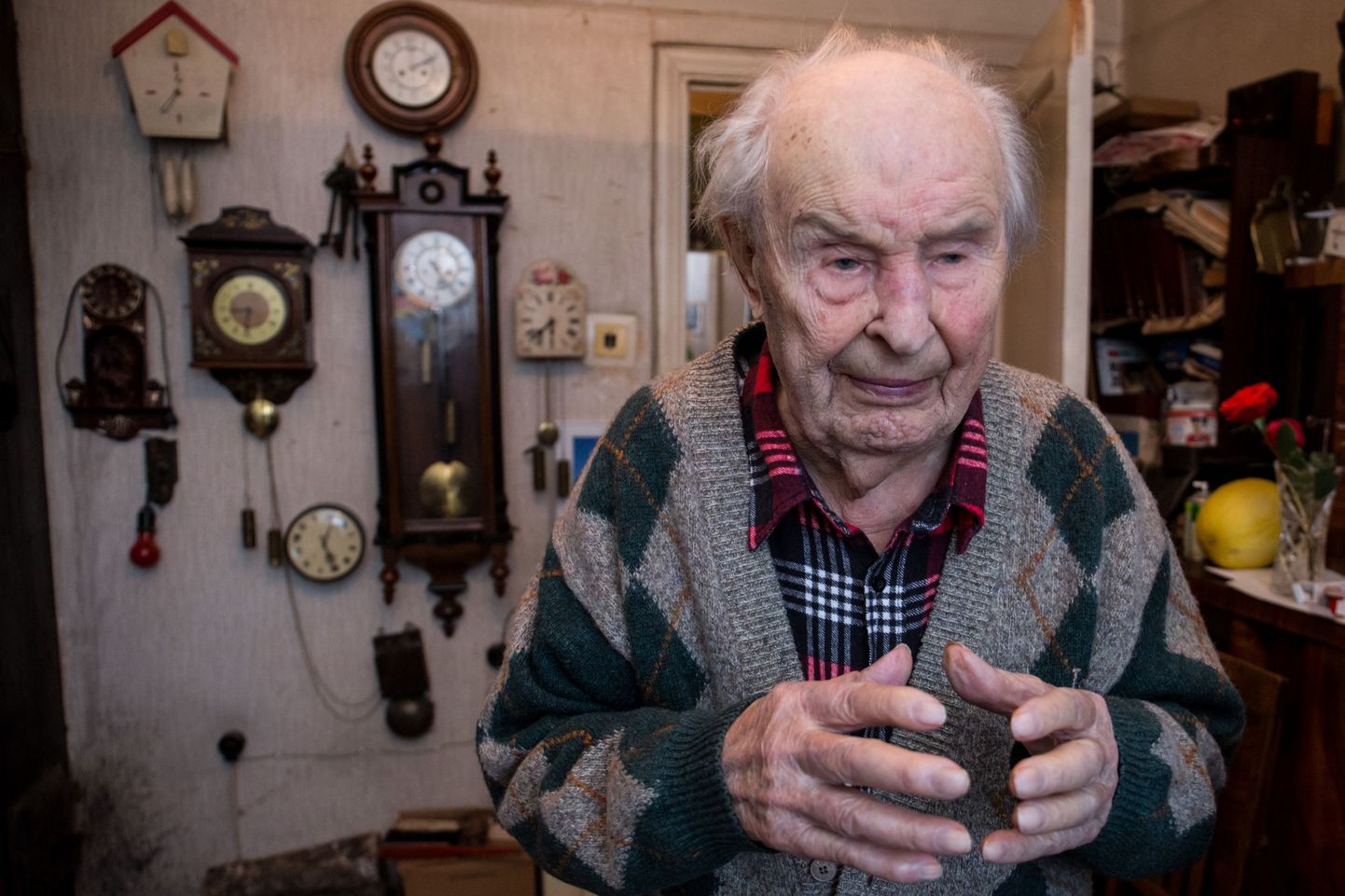 Arved Tamm oma 106. sünnipäeval kodus. Selja taga seinakellad.