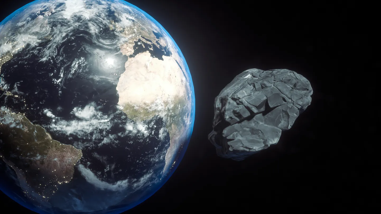 Maa ja asteroid. Pilt on illustreeriv