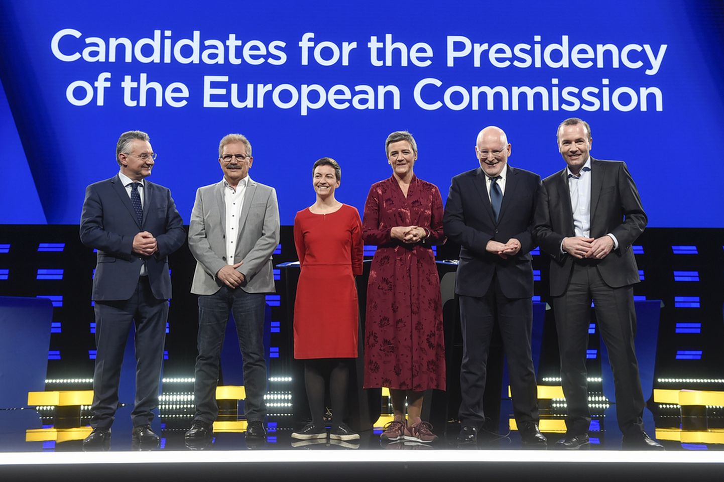 EP vēlēšanu vadošie kandidāti (no kreisās uz labo): Jans Zahradils, Niko Kijē, Ska Kellere, Margrēte Vestagera, Frans Timmermans, Manfreds Vēbers. © European union 2019