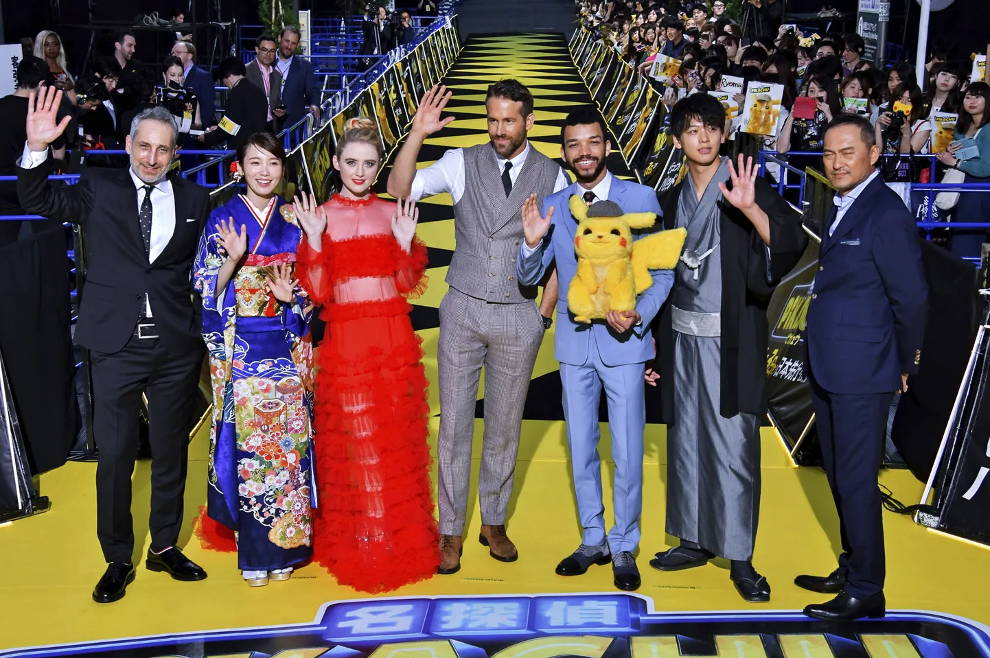 Rob Letterman, Marie Iitoyo, Kathryn Newton, Ryan Reynolds, Justice Smith, Ryoma Takeuchi ja Ken Watanabe