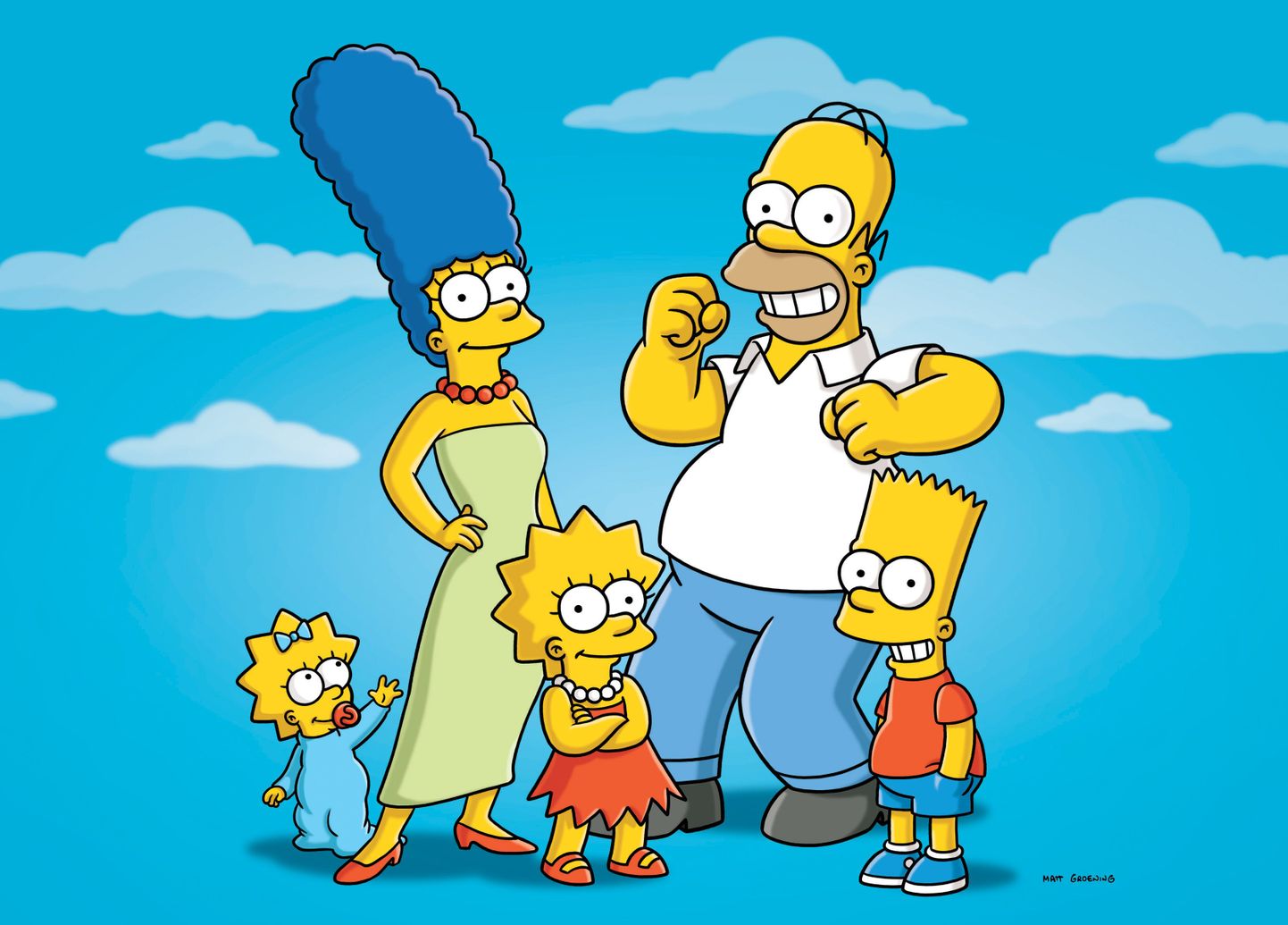 Animasarja «Simpsonid» peategelased Maggie, Marge, Lisa, Homer ja Bart