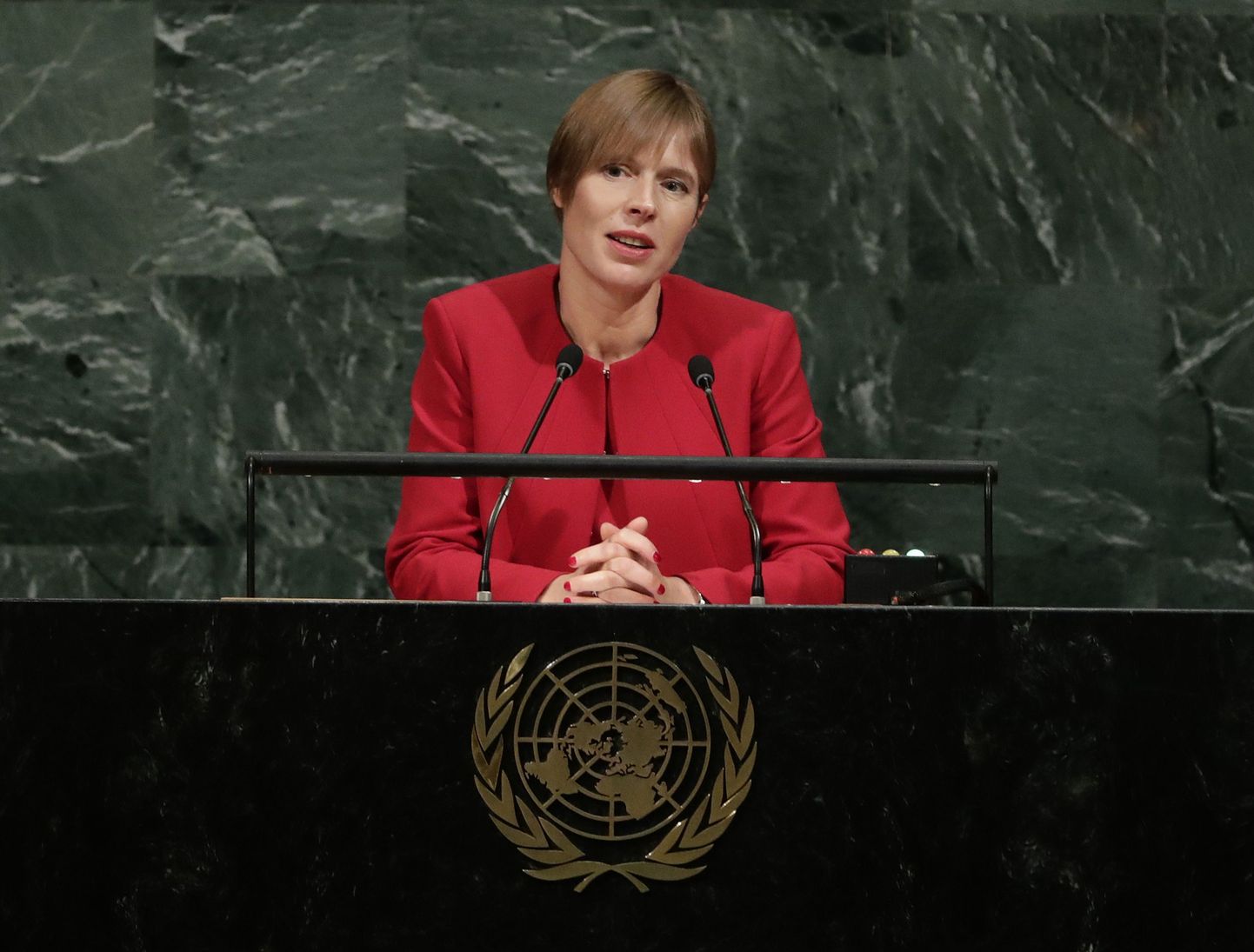 Kersti Kaljulaid ÜRO Peaassamblee ees kõnet pidamas.