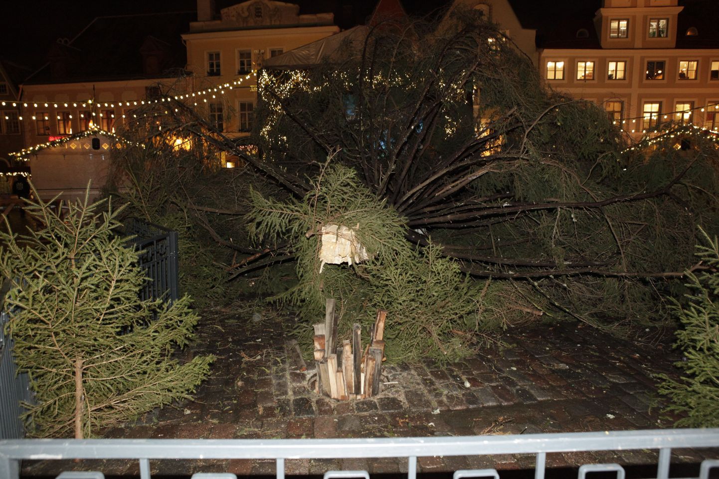Tallinna jõulukuusk lendas tugevate tormituultega taas külili.
