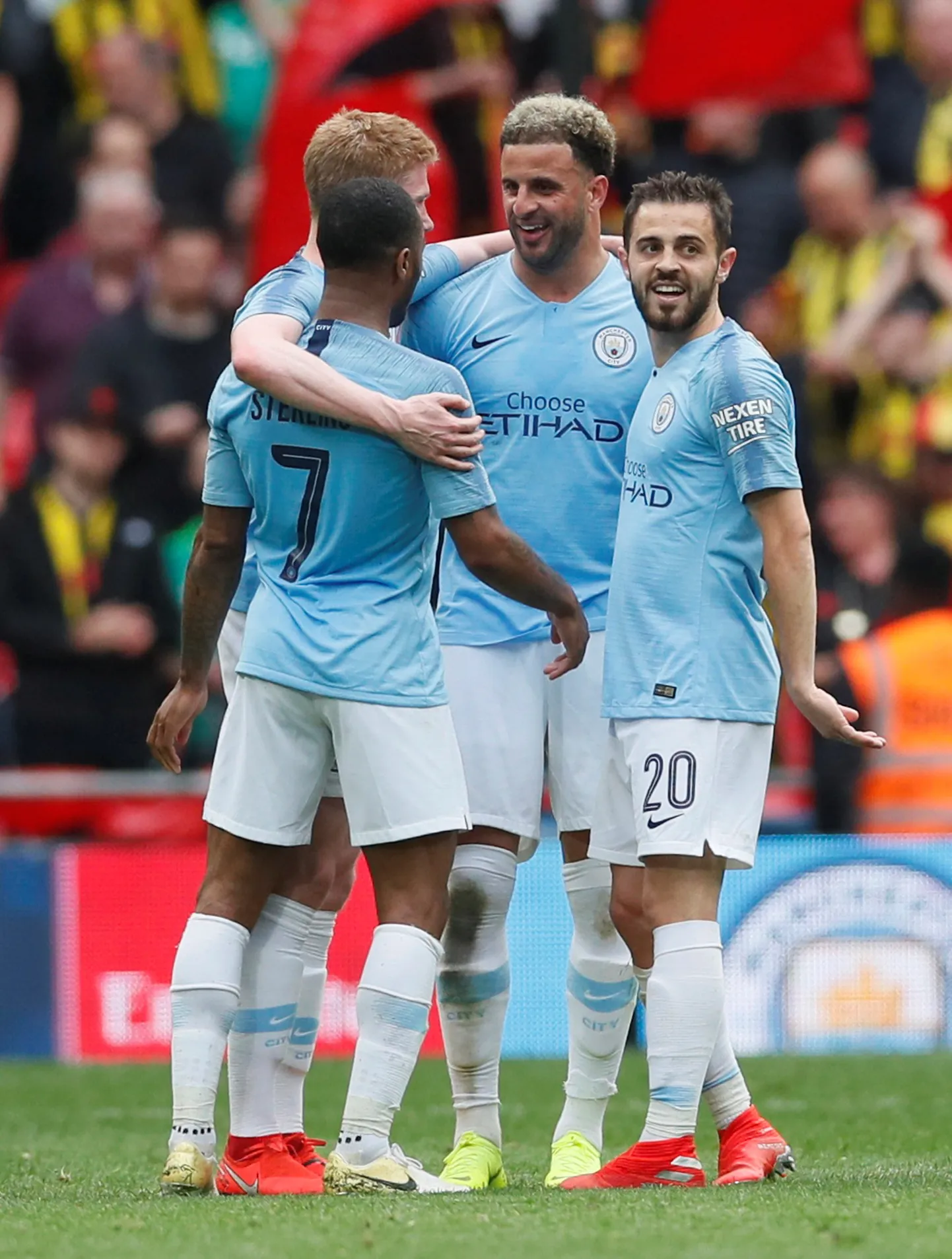 Manchester City mängijad (vasakult paremale) Raheem Sterling, Kevin de Bruyne, Kyle Walker ja Bernardo Silva