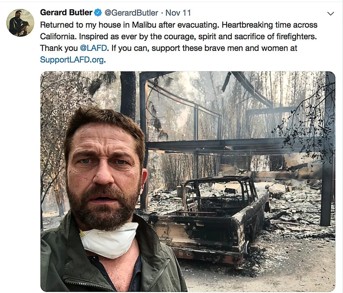 Gerald Butler oma hävinenud Malibu kodu juures