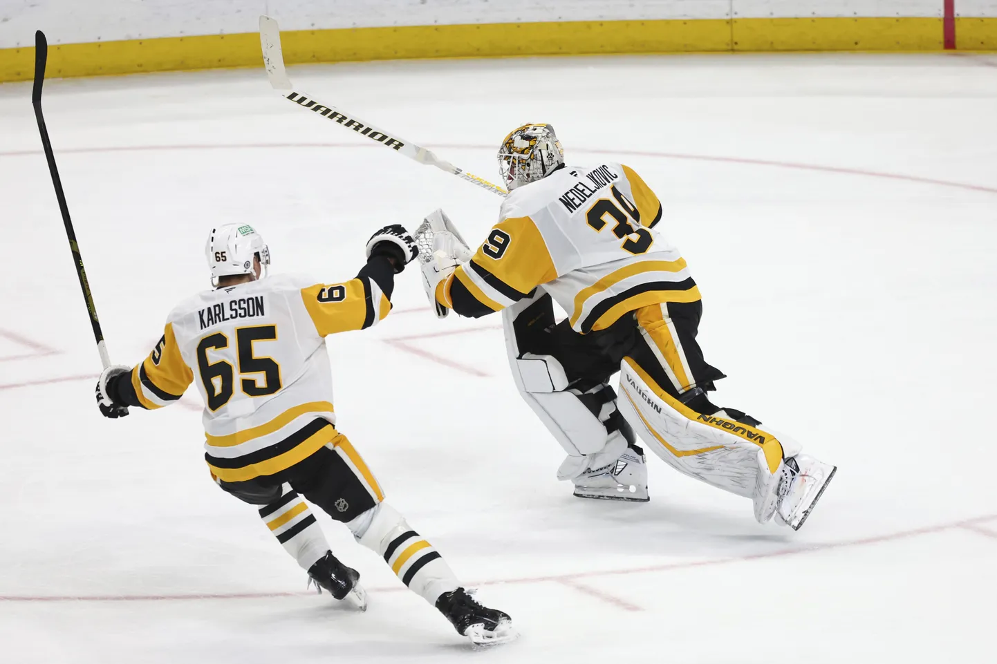 Pittsburgh Penguinsi väravavaht Alex Nedeljkovic (paremal) tähistamas tabamust.