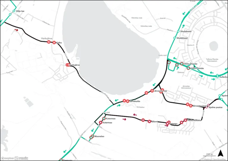 Bussiliikluse muudatuste üldskeem. ❌tähistab ärajäävaid peatusi ja ⭕ märgib ajutisi peatusi.