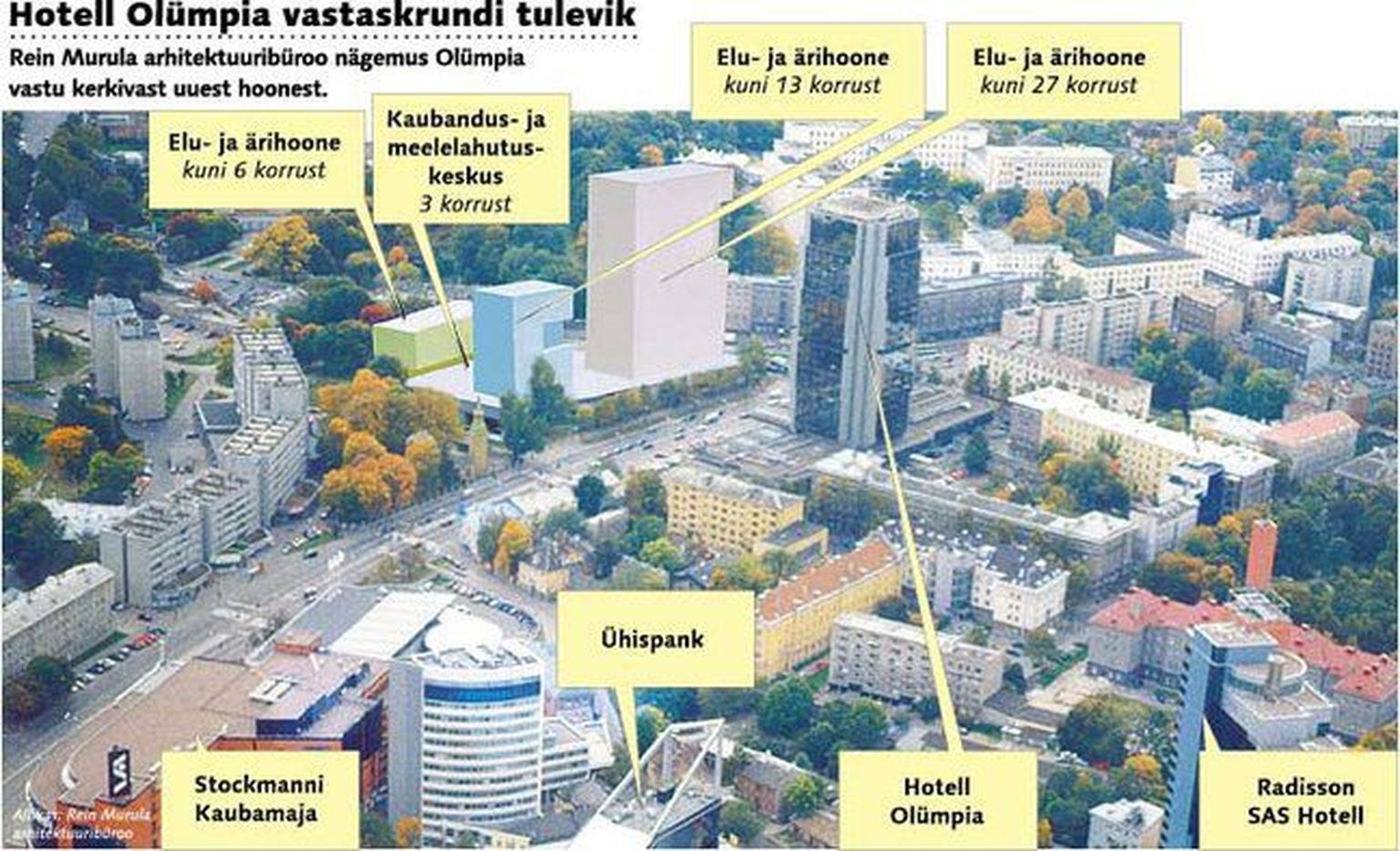 Rein Murula arhitektuuribüroo nägemus (2006) Olümpia hotelli vastu kerkivast hoonest.