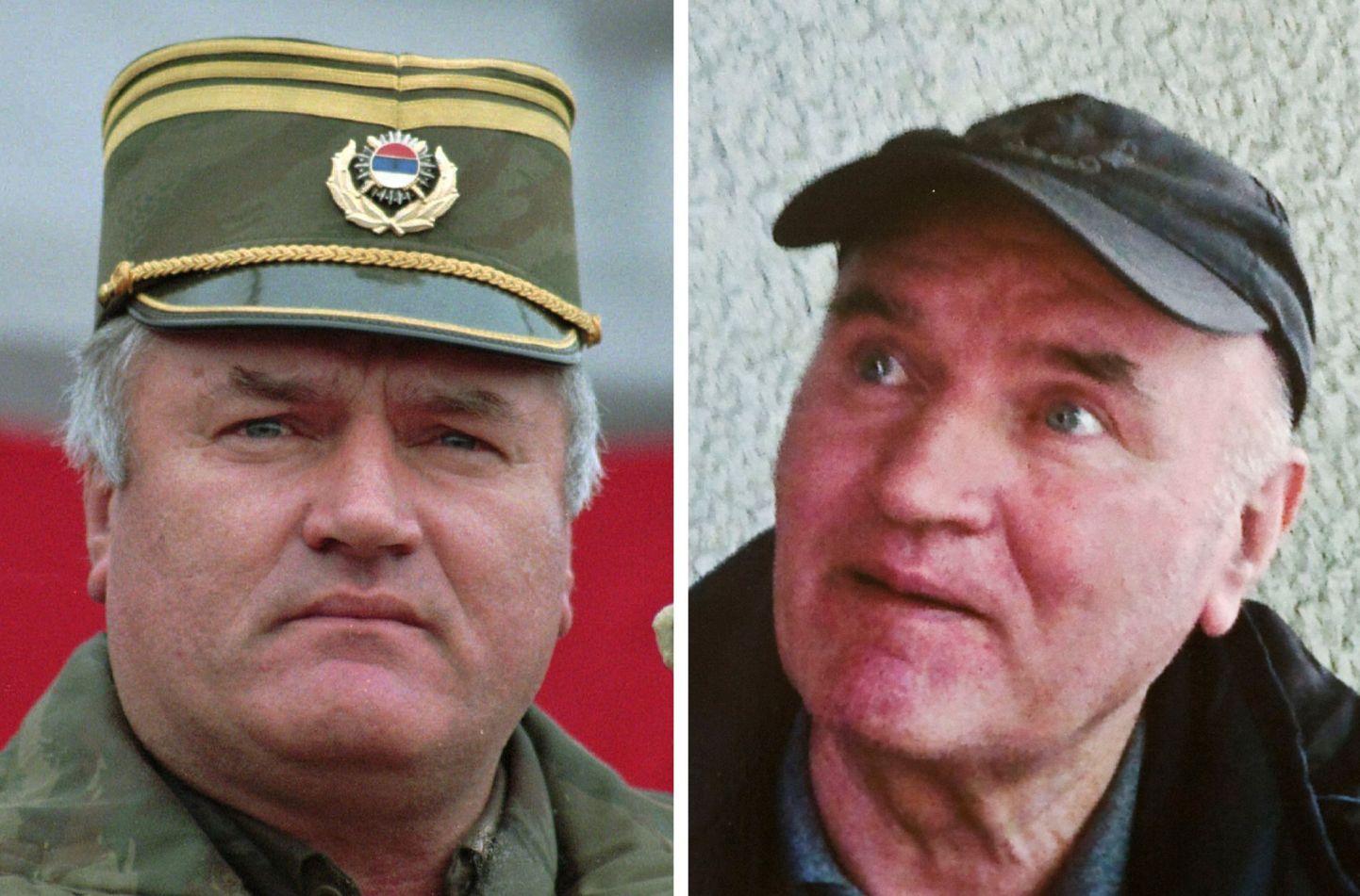 Ratko Mladić armeejuhina 1995. aastal (vasakul) ja pärast tabamist 2011. aastal (paremal).