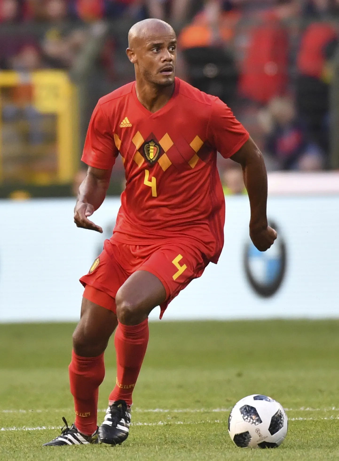 Belgium's Vincent Kompany kicks the ball during a friendly soccer match between Belgium and Portugal at the King Baudouin stadium in Brussels, Saturday, June 2, 2018. (AP Photo/Geert Vanden Wijngaert)