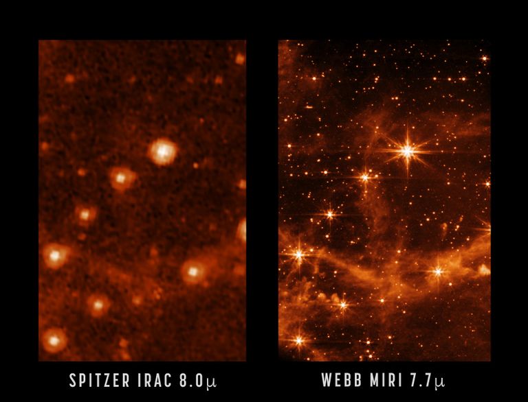 Fotod Suur Magalhãesi Pilvest, vasakul Spitzeri kosmoseteleskoobi pildistatu, paremal selgem James Webbi teleskoobi poolt üles võetud foto. 