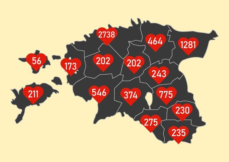 Цифры показывают, сколько жизней в минувшем году унесли болезни сердца в разных уездах Эстонии.