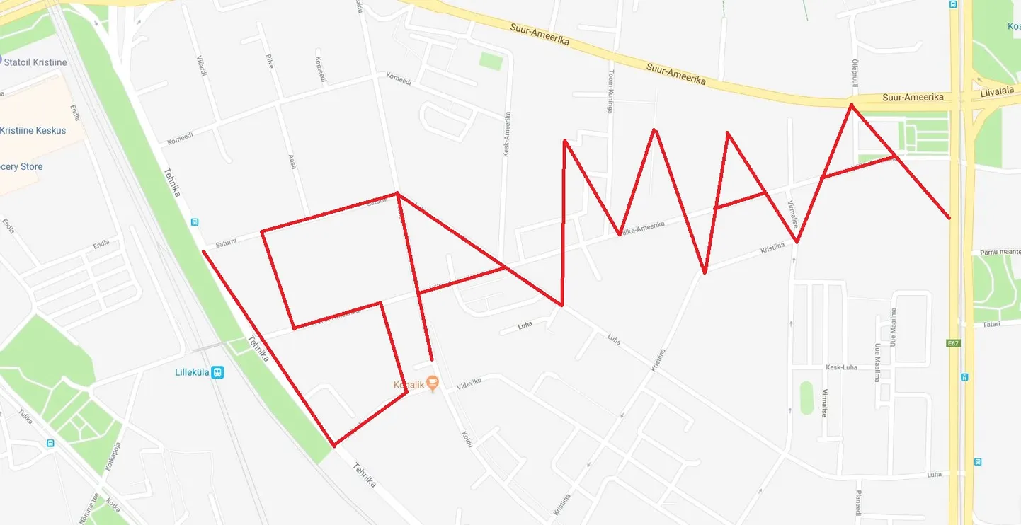 Näide kaardile joonistatud Eesti hümni sõnast "isamaa".