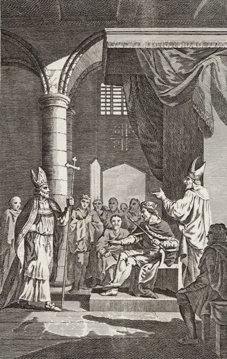 19. sajandi gravüür, millel on kujutatud Inglise kuninga Henry II ja Canterbury peapiiskopi Thomas Becketi vaidlust