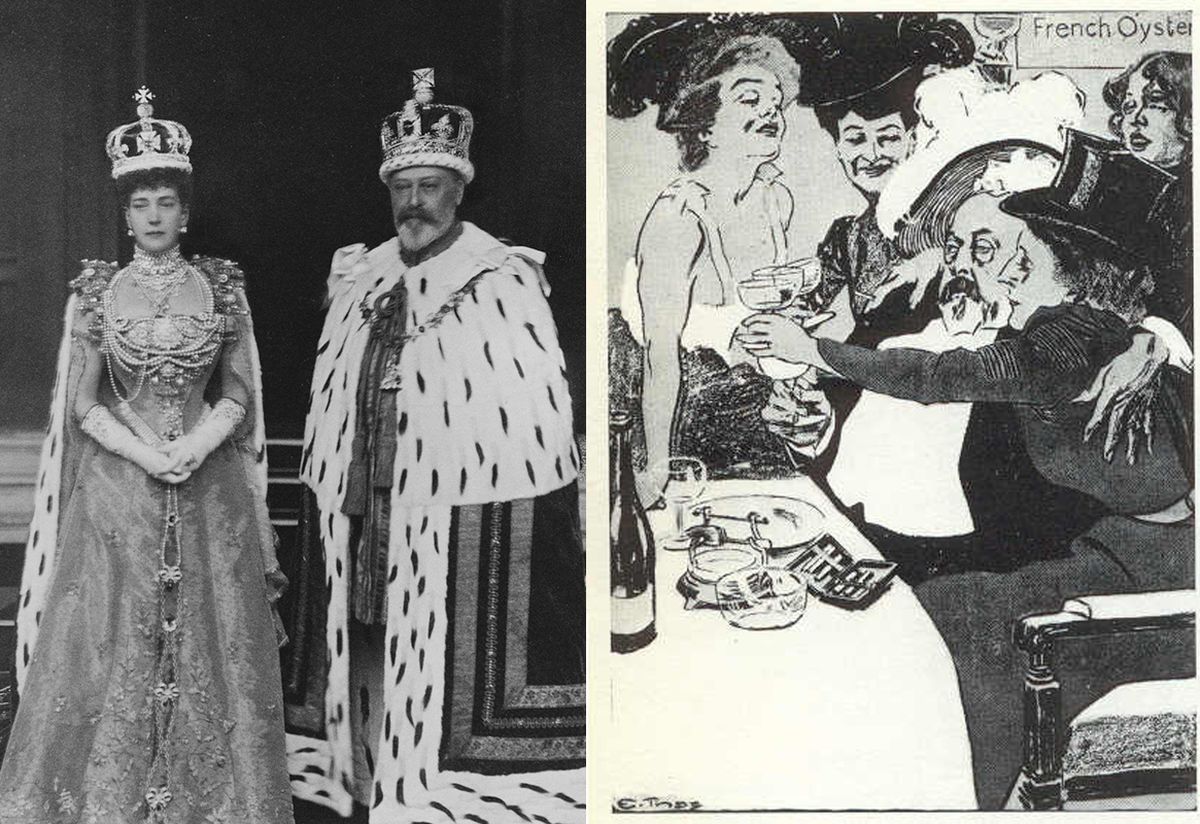 Karalis Edvards VII savā kronēšanas dienā ar sievu un līdzās karikatūra no Francijā iznākošas baumu lapeles. Karikatūra ataino Bērtija vētraino dzīvi Parīzes bordelī. 