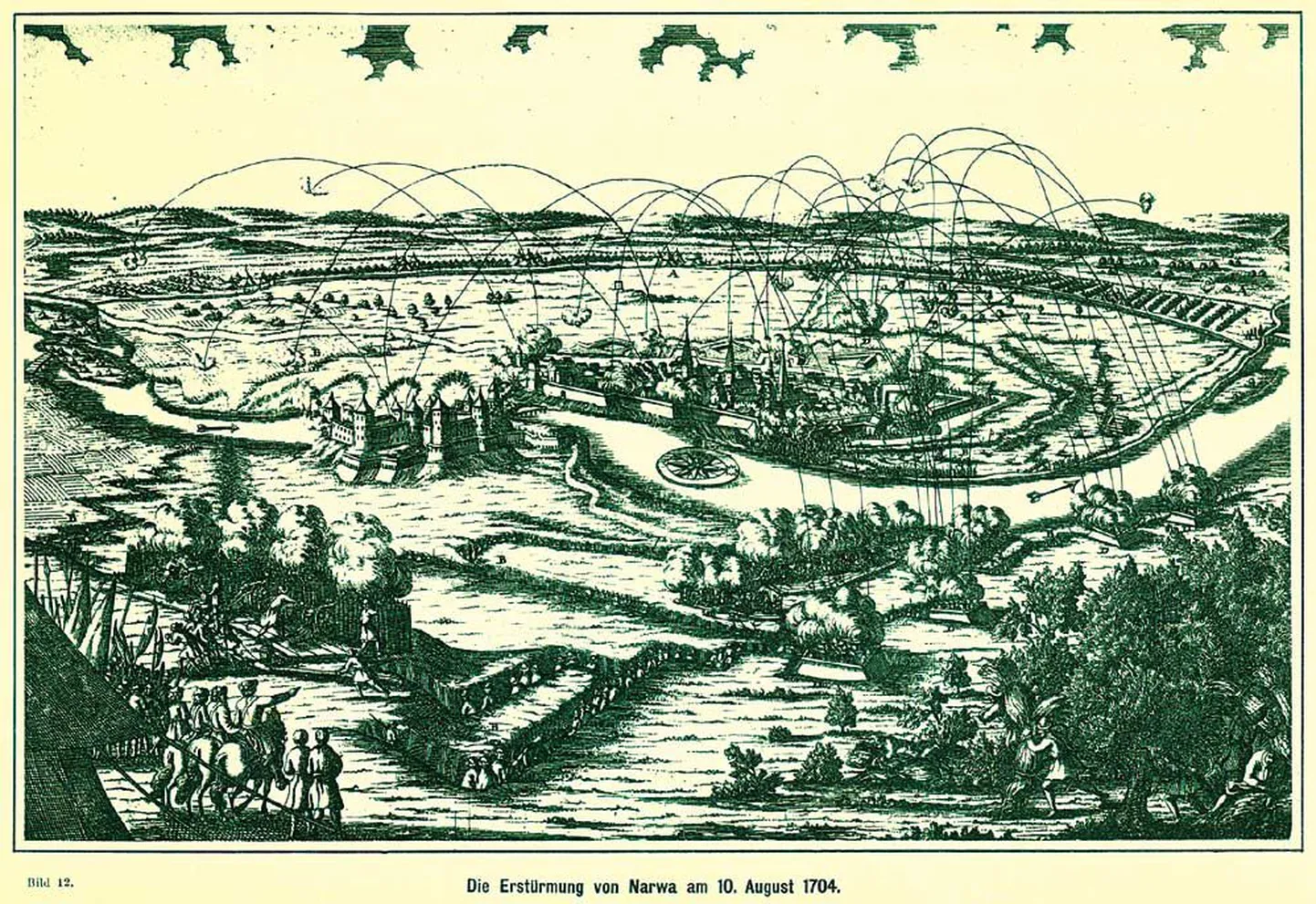 Omaaegne joonis, mis kujutab venelaste tormijooksu Narvale 1704. aasta 10. augustil. Sama kuu lõpuks oli rootslastele strateegiliselt oluline linn venelaste käes.