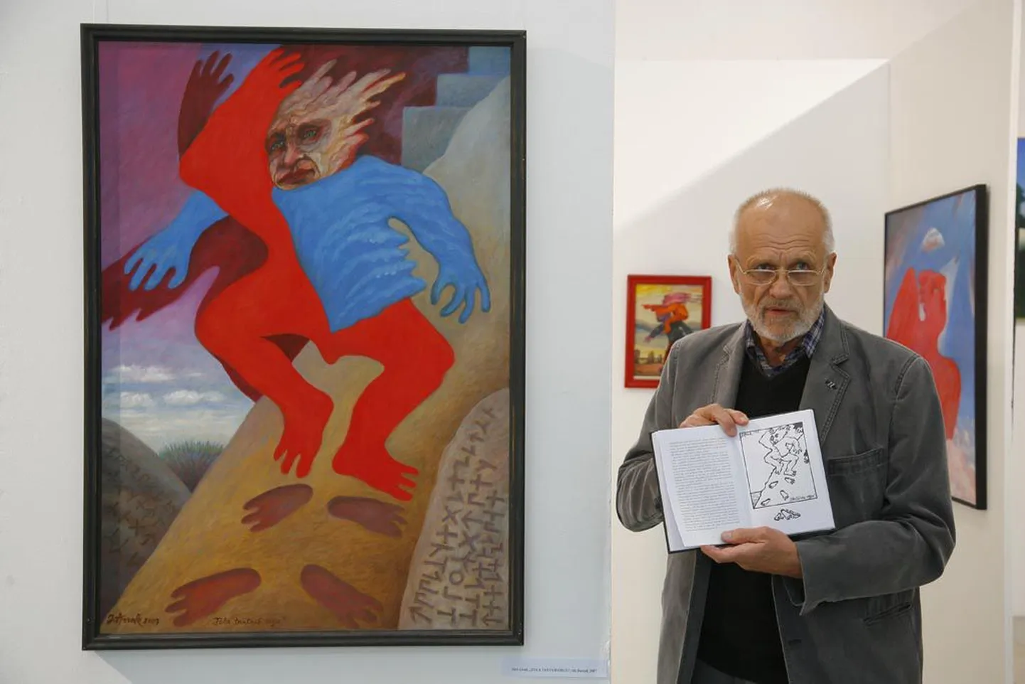 Uue kunsti muuseumis toimunud näituse avamisel lugesid katkeid oma raamatutest tuntud kunstnikud Jüri Arrak (pildil), Raul Meel ja Toomas Vint.
