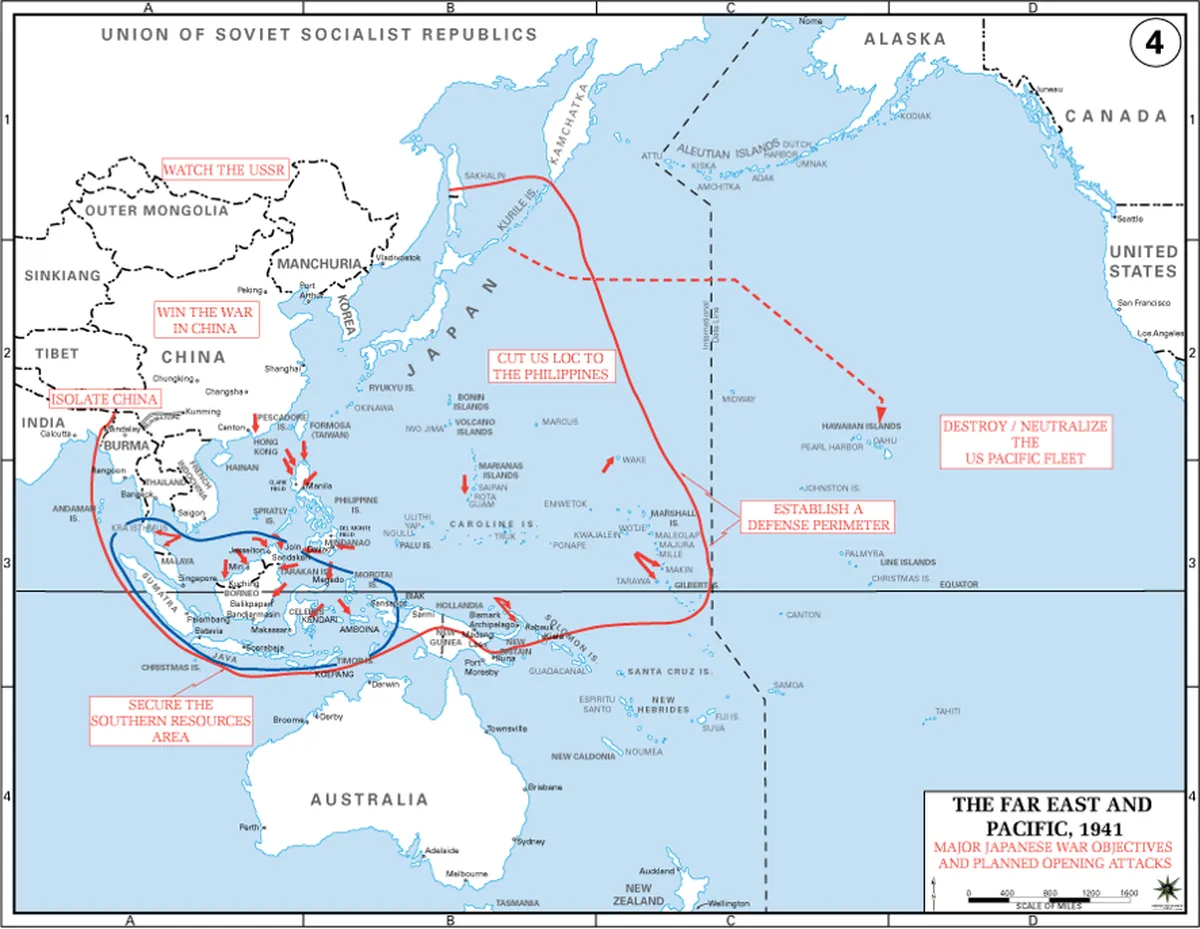 Japānas vīzija par aizsardzības līniju un uzbrukuma virzieni (ar sarkanu)