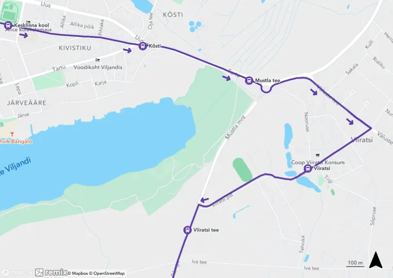 Liini number 28B Viljandi bussijaamast kell 7.35 väljuv buss läbib edaspidi Viiratsi asulat nii, nagu on skeemil näha.
