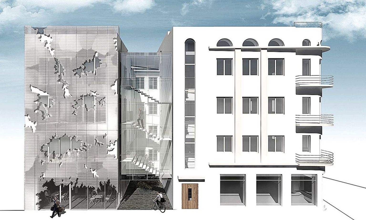 Gildi tänavale planeeritava hoone fassaad on osaliselt klaasist ja osalt kaetud perforeeritud plekiga.