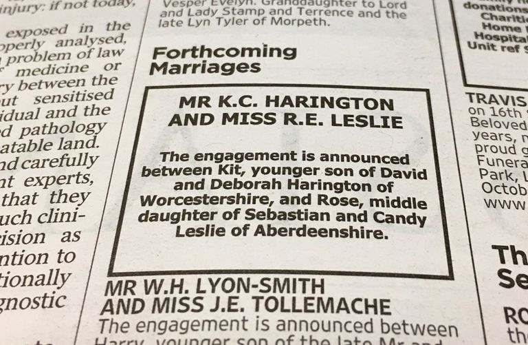 Kit Haringtoni ja Rose Leslie kihlumiskuulutus väljaandes The Times