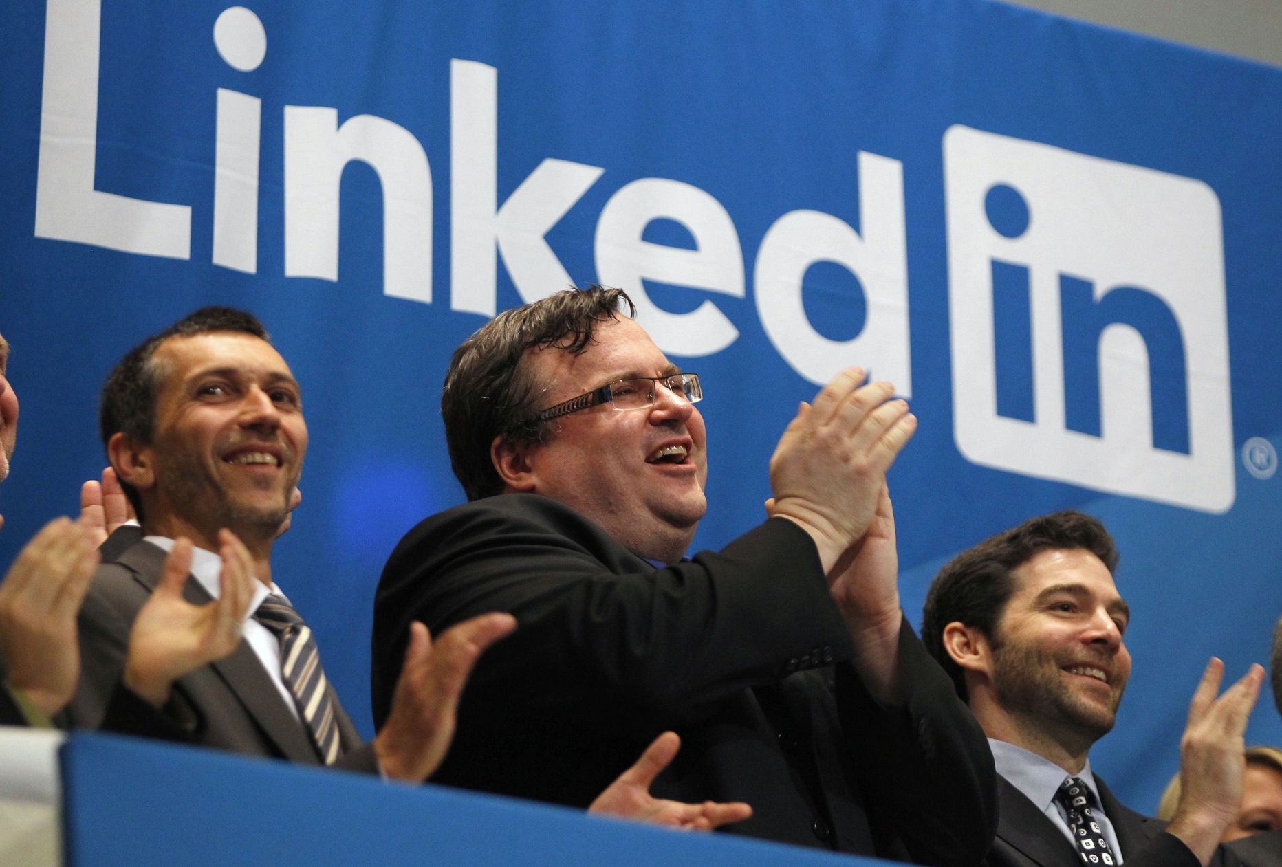 LinkedIni juhid New Yorgi börsilaktsia esimesel kauplemispäeval 19. mail 2011.