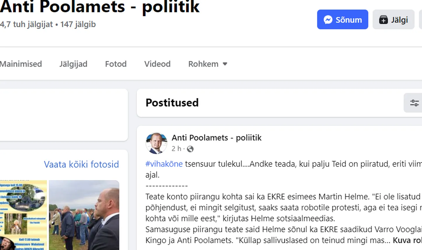 Facebook piiras poliitik Anti Poolametsal konto kasutamist.