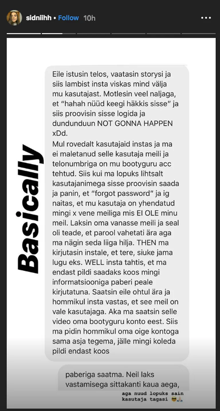 Kuvatõmmis Instagram Story'st: Sidni Instagram kaaperdati.