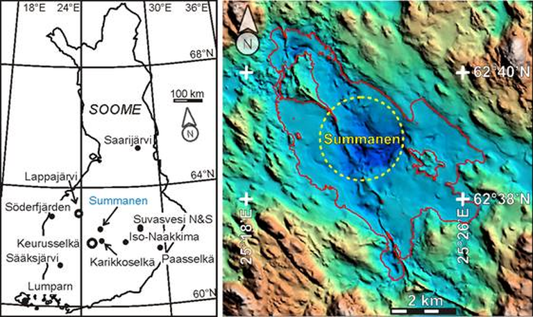 Vasakul: Summaneni meteoriidikraatri asukoht Soomes koos üheteistkümne varem avastatud kraatriga. Paremal: Summaneni kraatri ümbruse sügavusjoonte ja reljeefkaart. Summasjärvi rannajoon on kujutatud punase joonega ja kraater kollase ringiga. Struktuuri plahvatuslikule päritolule viitavad kivimid leiti järvest kagus asuvalt saarelt ja maismaalt.