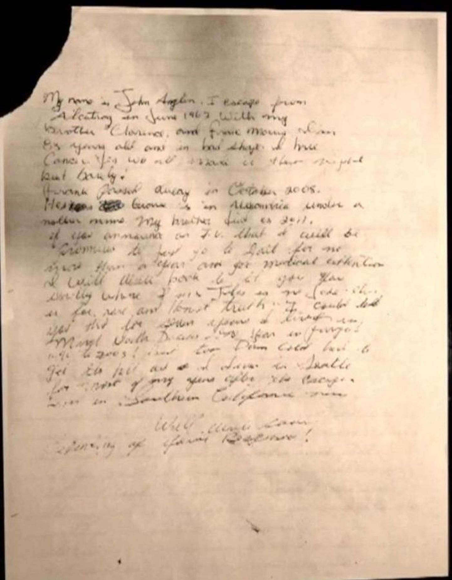 Kiri, mille väidetavalt kirjutas 1962. aastal Alcatrazi vanglast põgenenud John Anglin