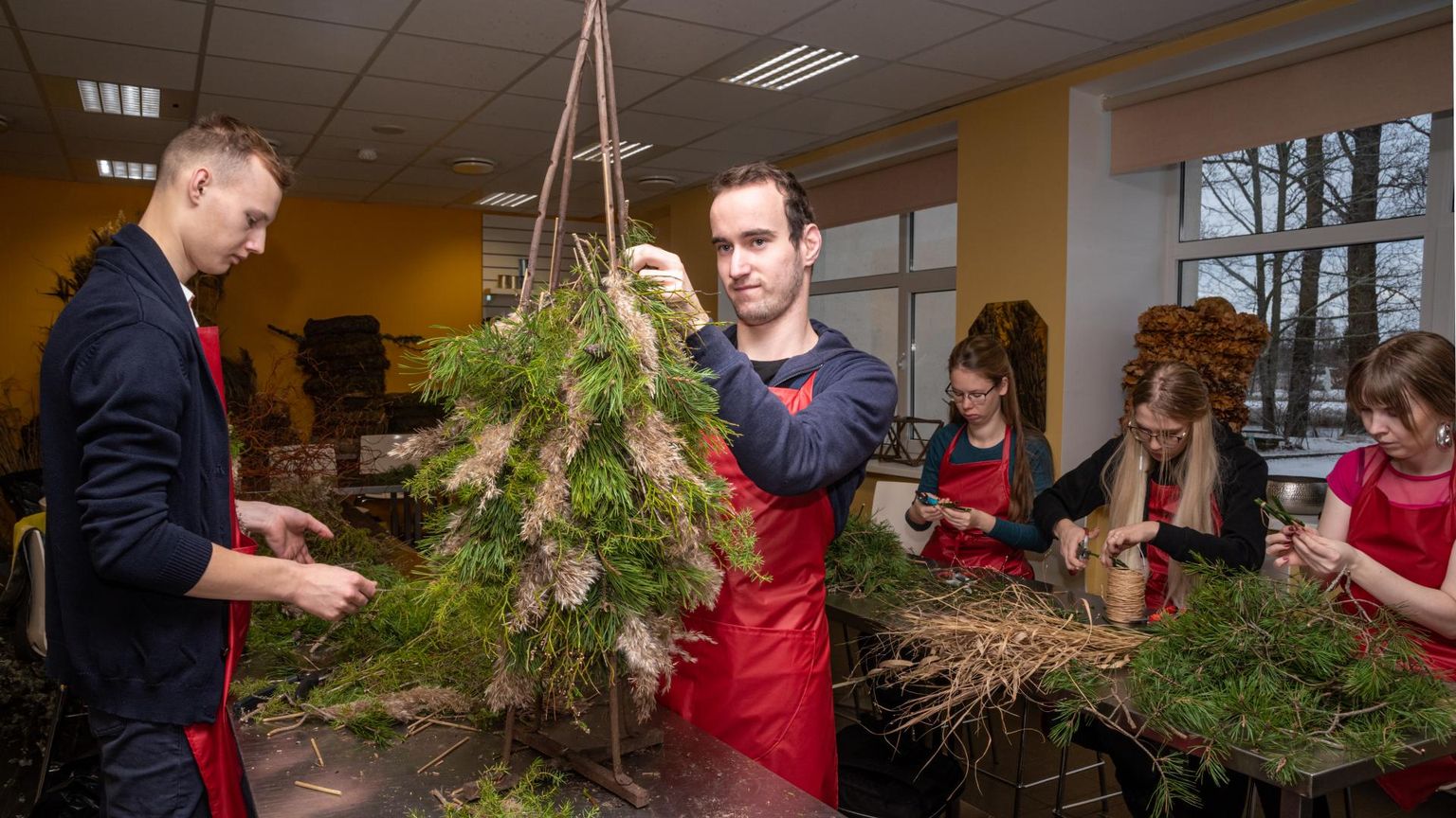 Räpina Aianduskooli floristikaõpilased Jaano Oras (paremal) ja Karl-Jürgen Porro meisterdavad jõulupuud, mille materjal sai korjatud kooli ümbruse loodusest.