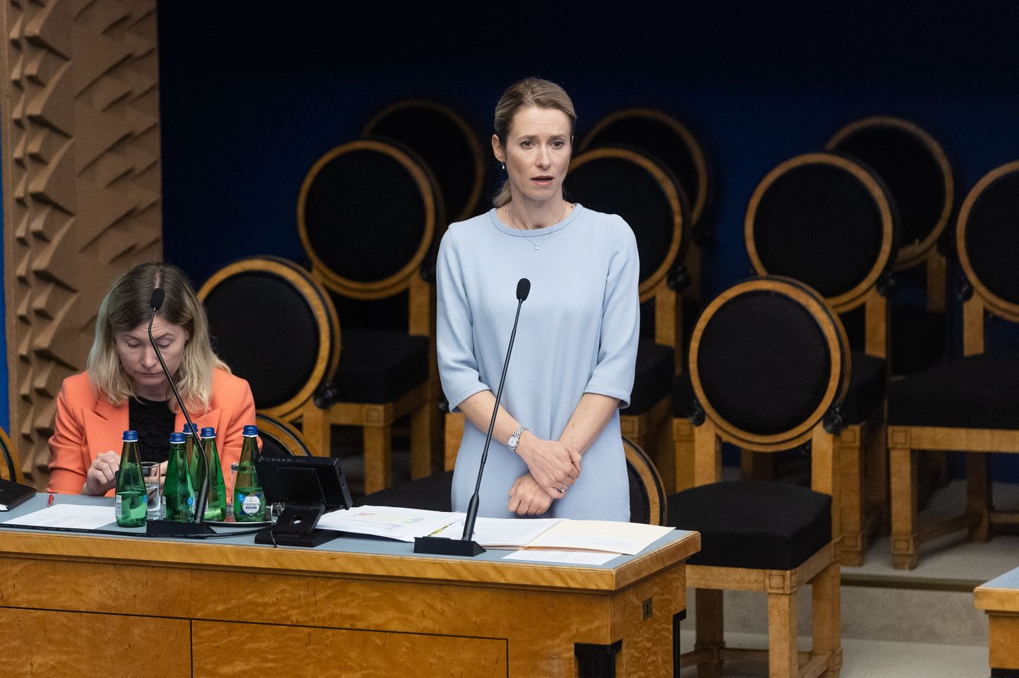 Kaja Kallas (standing) during parliament questions time.