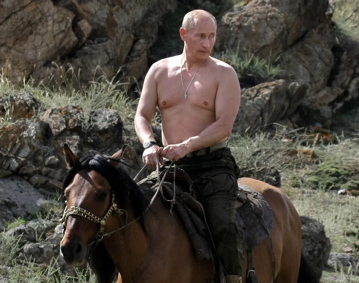 Vladimir Putin hobuse seljas Lõuna-Siberis 3. augustil 2009.