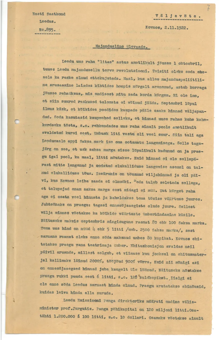 Ärakiri Eesti Leedu saatkonna poolt koostatud Leedu majanduse ülevaatest 2. novembrist 1922, mis on saadetud Tallinna Börsikomiteele