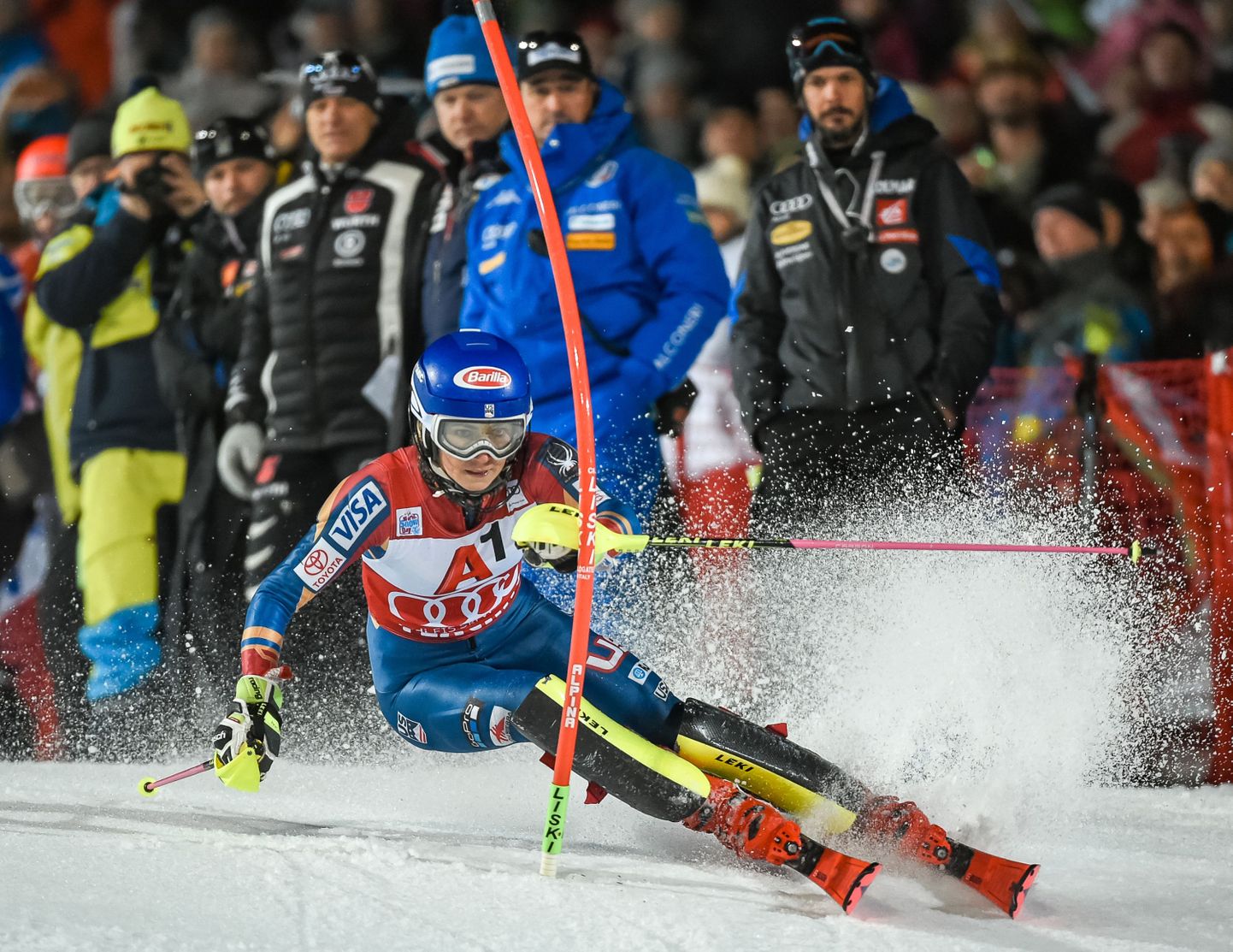 Mikaela Shiffrin of USA competes during first run of the FIS World Cup Ladies night Slalom race in Flachau,Austria on January 9, 2018.  / AFP PHOTO / APA AND EXPA / Erich SPIESS / Austria OUT