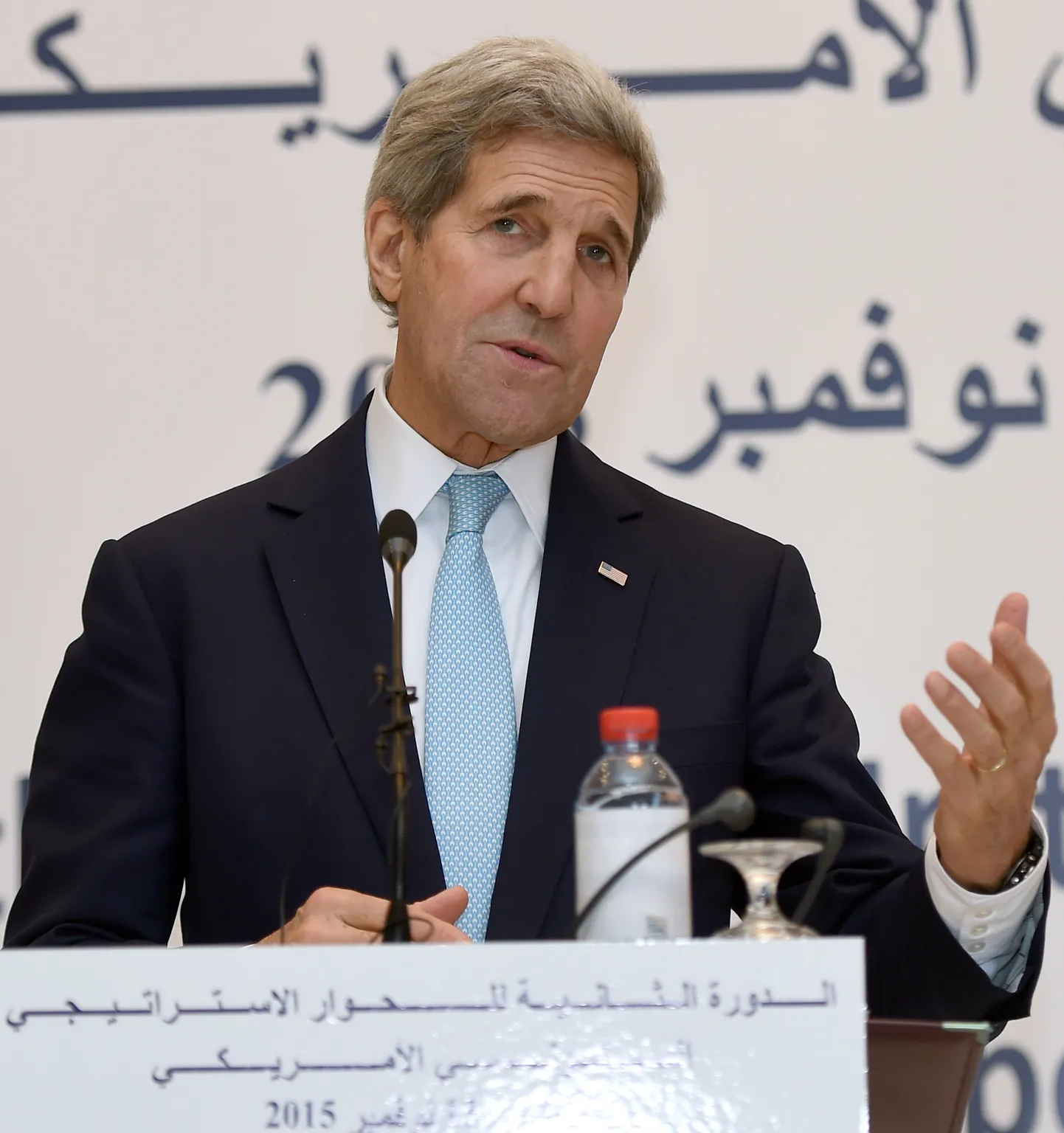 US Secretary of State John Kerry speaks during a press conference with his Tunisian counterpart Taieb Baccouche, on November 13, 2015 at the foreign ministry in Tunis. Kerry arrived in Tunis to take part in a strategic dialogue aimed at bolstering political and economic ties with the North African nation. AFP PHOTO / FETHI BELAID