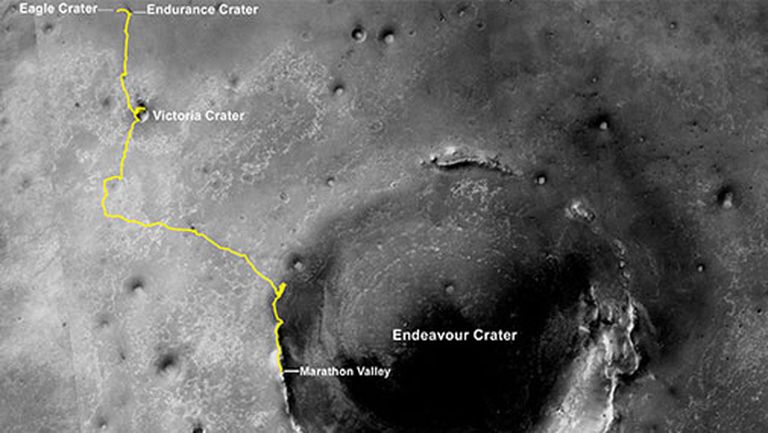 Маршрут ровера Opportunity от кратера Игл до обода кратера Индевор 
