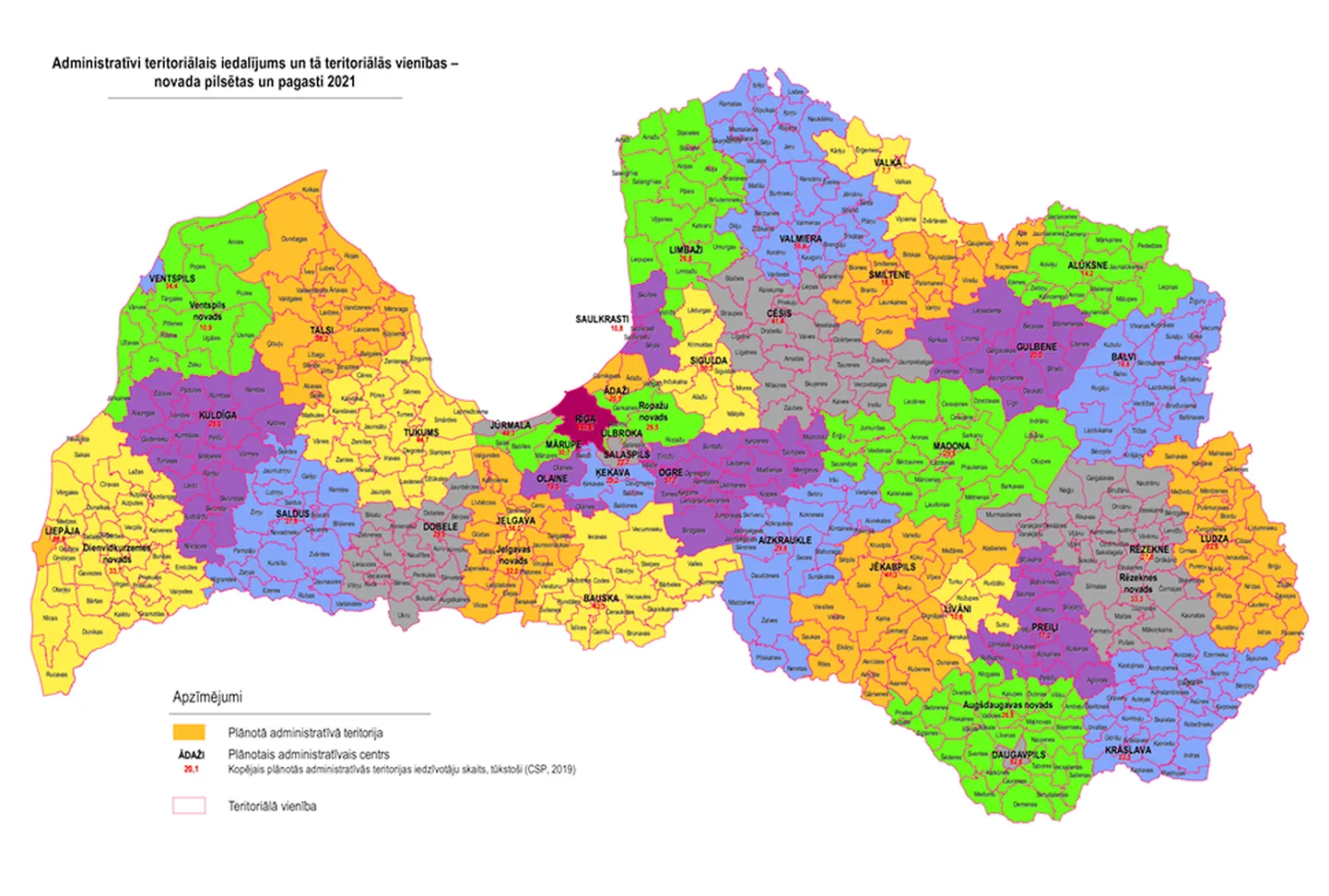 Karte "Administratīvi teritoriālais iedalījums un tā teritoriālās vienības - novada pilsētas un pagasti 2021".  (Publicitātes foto)