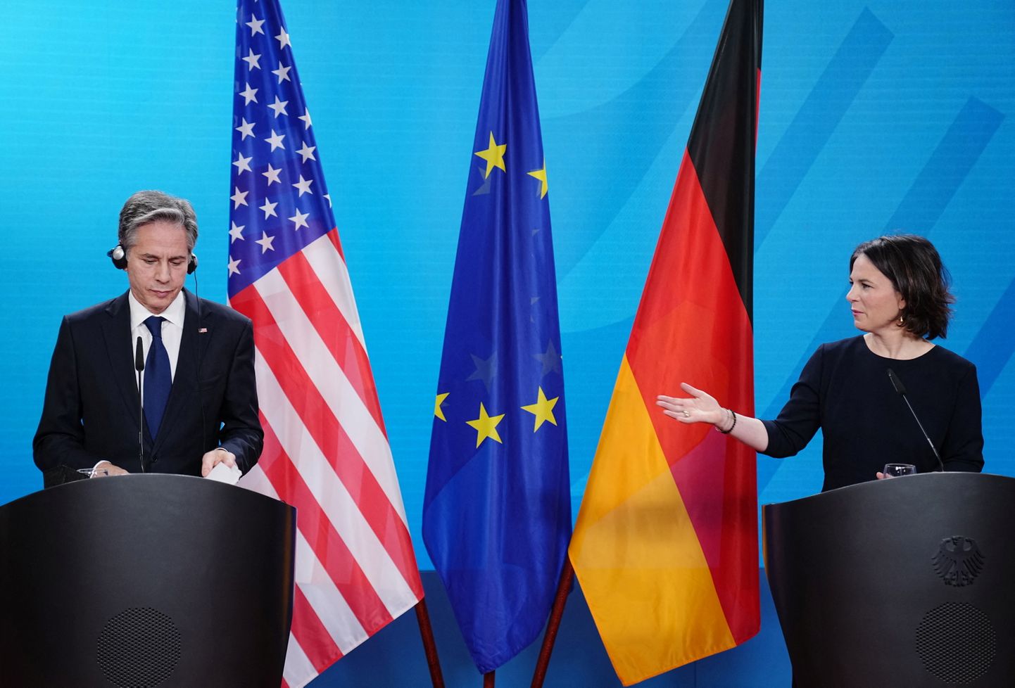 Saksa välisminister Annalena Baerbock ja tema USA ametivend Antony Blinken pressikonverentsil Berliinis 20. jaanuar 2020.