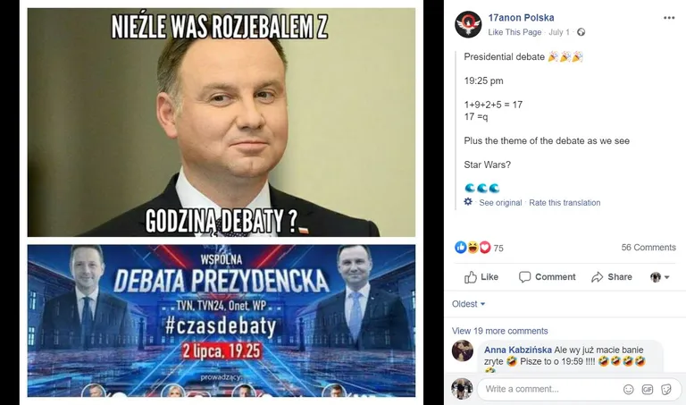 QAnon sazvērestības teorijai veltītajā lapā Polijā aktīvi atbalstīja pašreizējo prezidentu Andžeju Dudu, un meklēja slepenus iemeslus prezidenta debatēm izvēlētajā laikā.