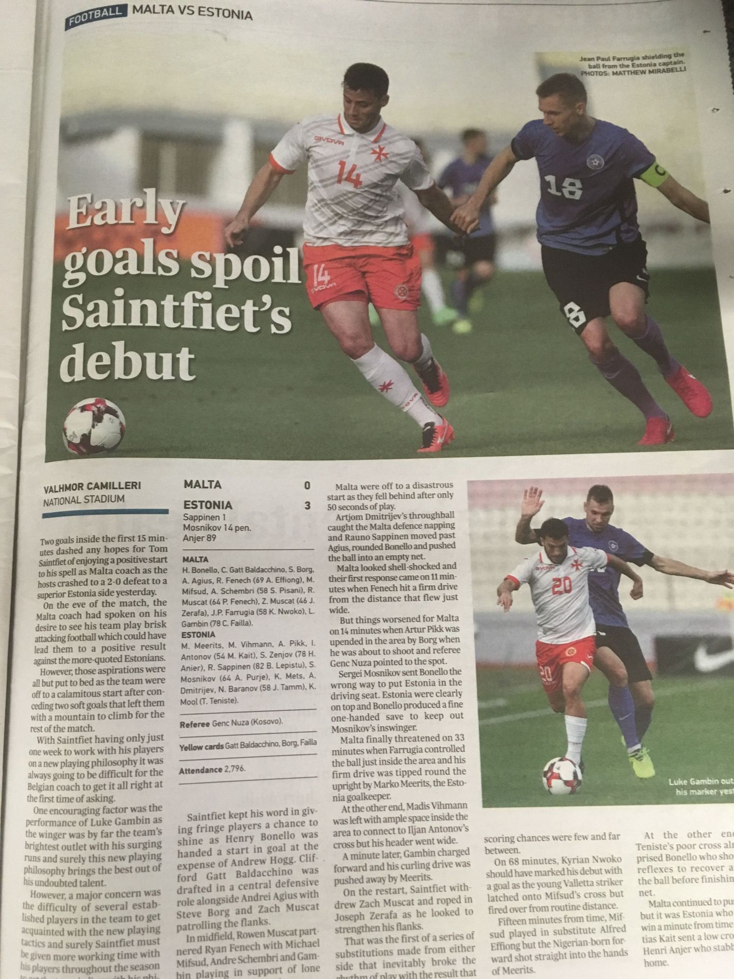 Times of Malta artikkel jalgpallikoondise mängust Eestiga.
