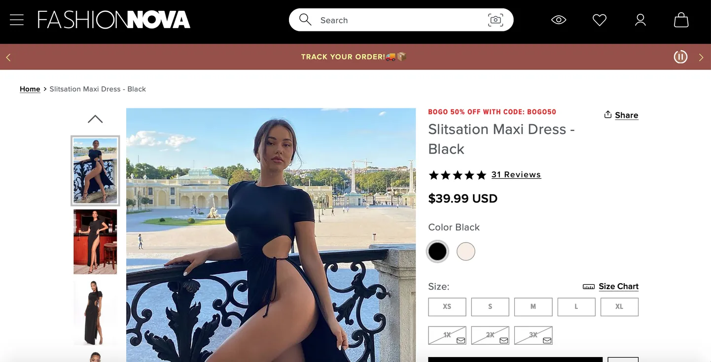Kuvatõmmis Fashion Nova lehelt.